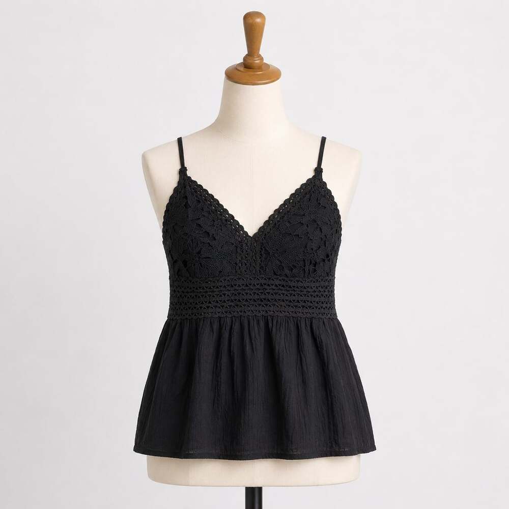 Shyanne Black crochet lace Cami  Top Large Boho Country Peplum Spaghetti Strap
